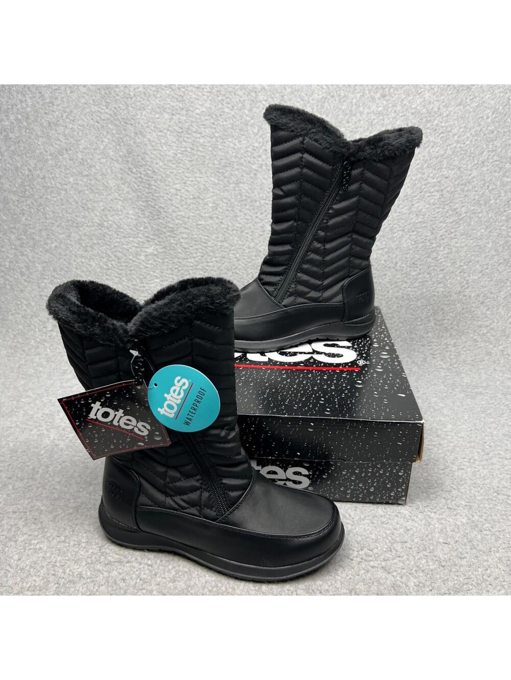 Totes Jodi Black Waterproof Winter Ankle Snow Boots 6 Faux Fur Insole